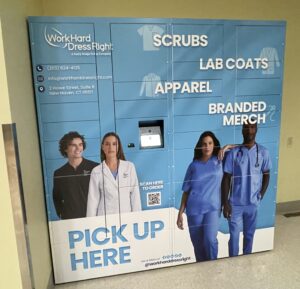 Work Hard Dress Right, a Feury Image Group company, locker pickup station at Yale New Haven Hospital for delivery of scrubs, lab coats, apparel, and branded merchandise.