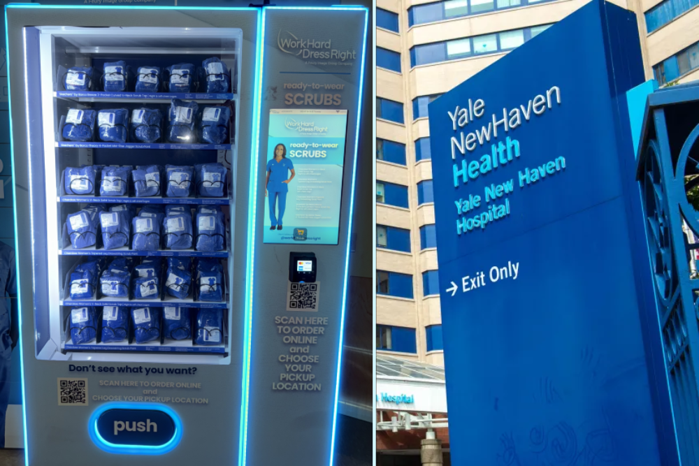 FeuryImage Group's Work Hard Dress Right scrub vending machine inside Yale New Haven Hospital, offering ready-to-wear medical uniforms for healthcare professionals.