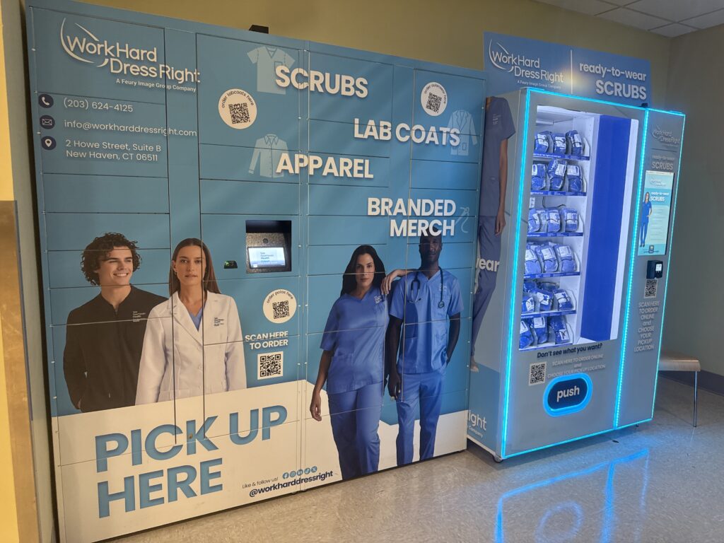Feury Image Group's Work Hard Dress Right scrub vending machine and pickup locker system installed side by side at Yale New Haven Hospital.