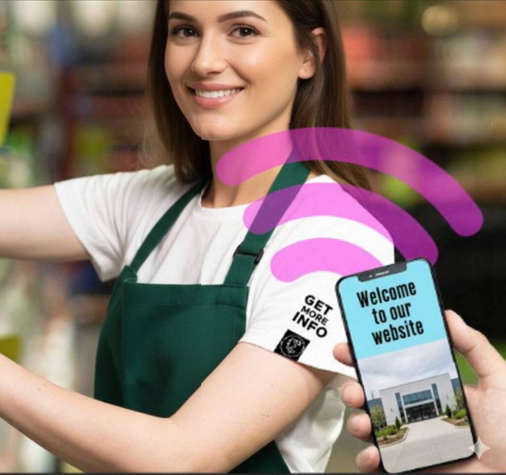 Employee wearing a branded uniform apron demonstrates NFC-enabled apparel connecting directly to a company website via smartphone tap.