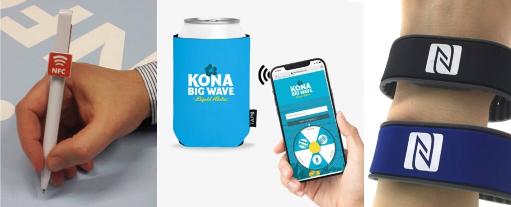 NFC-enabled promotional items including a branded pen, beverage sleeve, and wristbands demonstrate Feury Image Group’s smart branding technology that connects physical products to digital experiences.