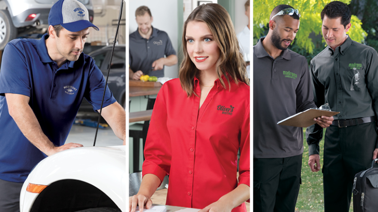 A triptych showing professional custom uniforms in action: an auto mechanic in a blue branded polo, a hospitality manager in a red button-down shirt, and landscaping professionals in embroidered grey work shirts