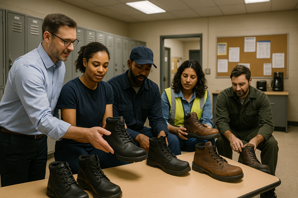 Team reviewing safety work boots as part of a workplace footwear selection or managed footwear program.