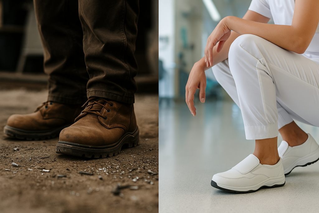 Boots-split-screen-1024×683 Rugged work boots for industrial settings and slip-resistant white shoes for healthcare professionals.