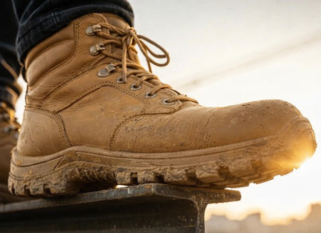 Slip-resistant safety work boot worn on a steel beam in an active jobsite environment