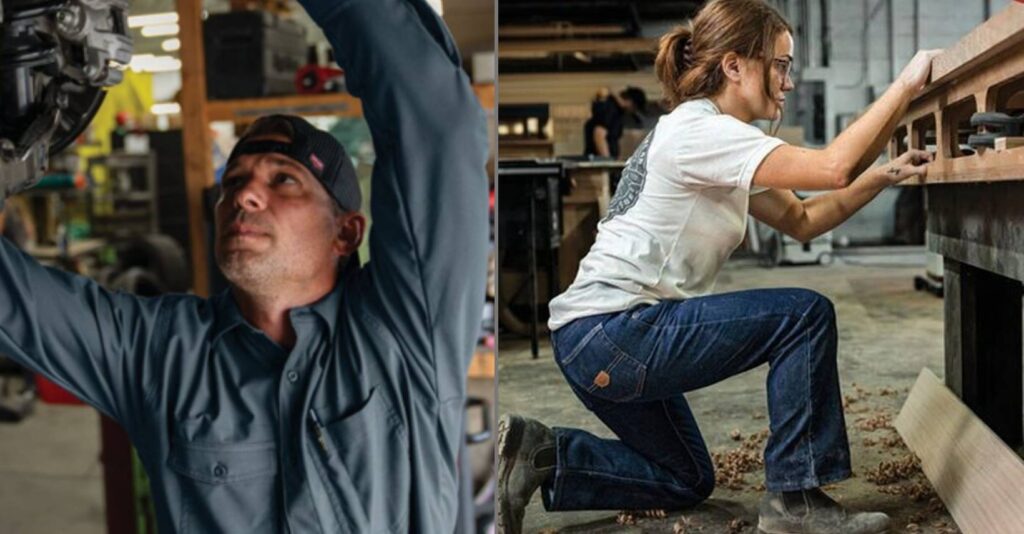Workers performing hands-on tasks in a workshop while wearing durable, functional work apparel.
