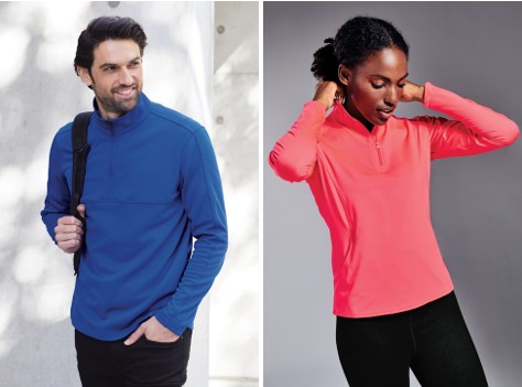 Men’s and women’s performance stretch ¼-zip pullovers worn as lightweight work layers.