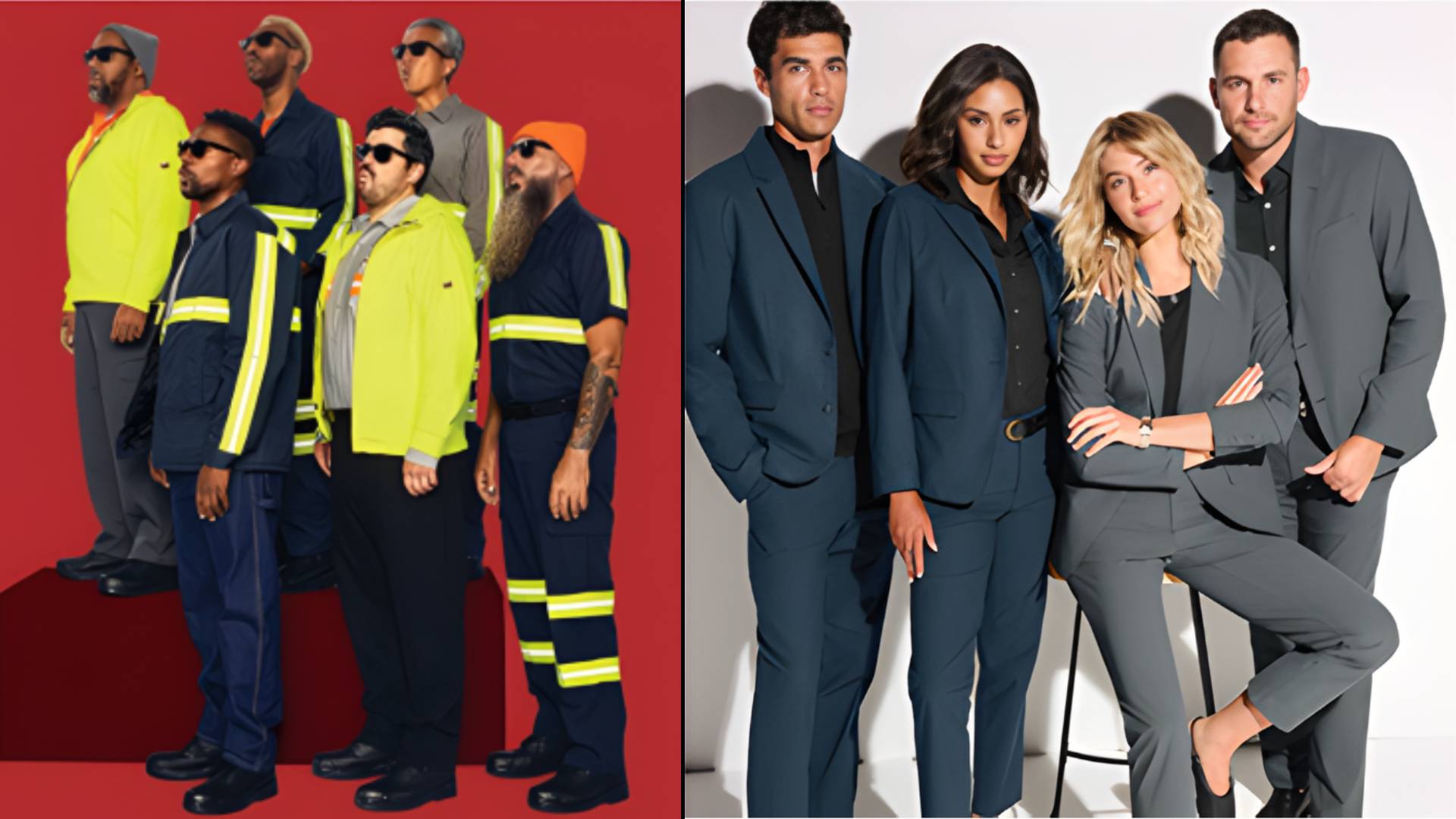 Safety adn profesional office Workwear Two groups of professionals wearing role-based workwear, including high-visibility safety apparel and modern corporate uniforms, illustrating how teams can be outfitted for different work environments.
