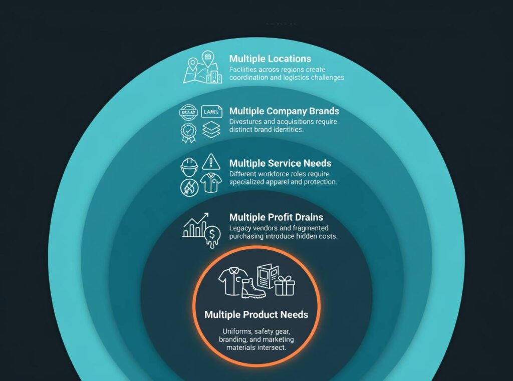 Illustration showing layers of organizational complexity including multiple locations, brands, service needs, profit drains, and product requirements that impact workforce apparel and branding programs.
