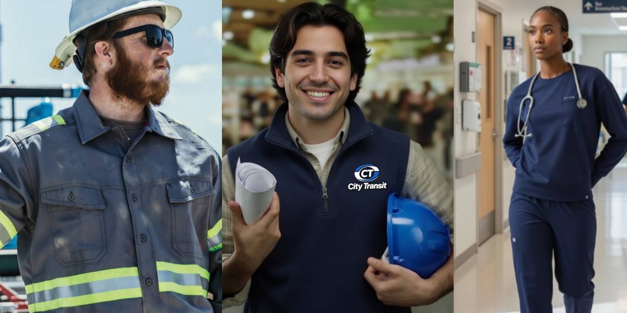 employees in construction, corporate, and healthcare uniforms representing a coordinated employee uniform program