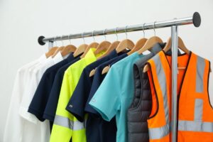 variety of work uniforms and safety apparel on rack including high visibility vest, scrubs, and FR clothing