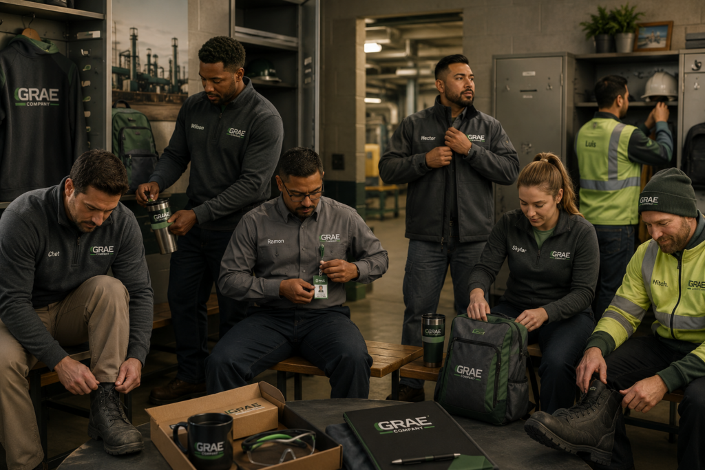 Employees preparing for work in a modern industrial locker room wearing coordinated Company workwear and safety footwear.