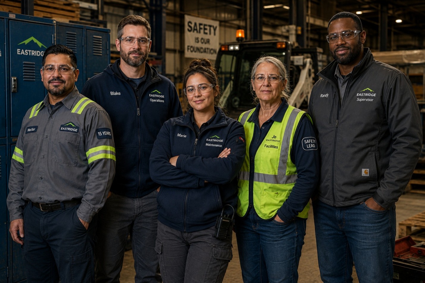 Industrial employees wearing customized branded uniforms with embroidered names, department identifiers, years-of-service recognition, and safety leadership patches inside a warehouse environment.