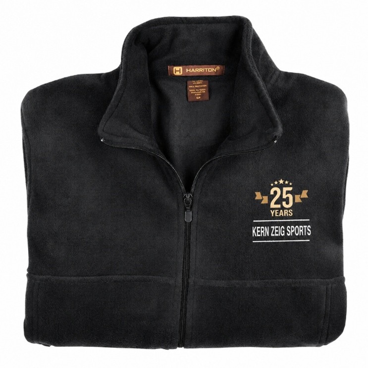 Black fleece work jacket featuring embroidered 25 Years employee recognition branding for a customized uniform program.
