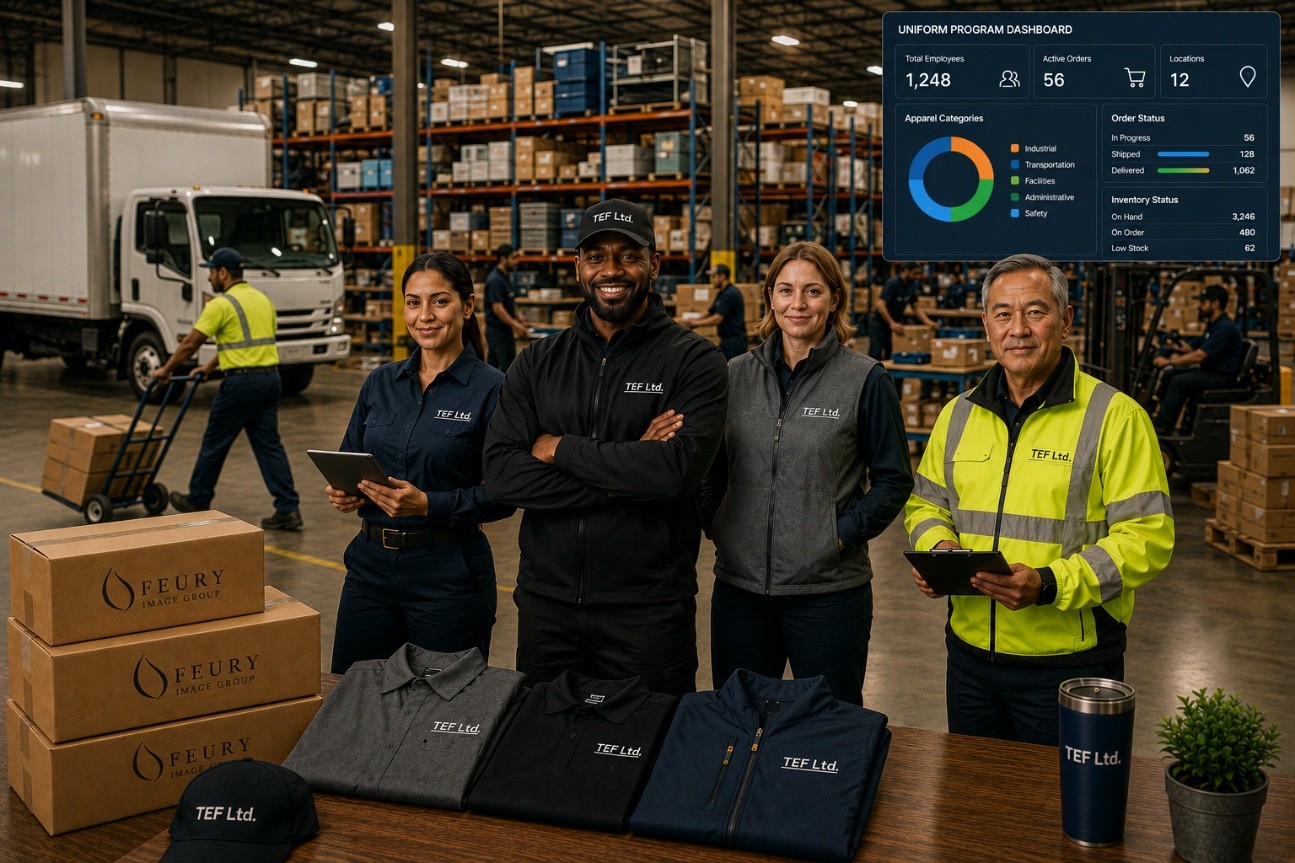 Multi-Location Apparel Program Operations Management Diverse industrial and logistics employees wearing branded workwear inside a modern warehouse environment with apparel program dashboards, fulfillment operations, and customized uniforms.