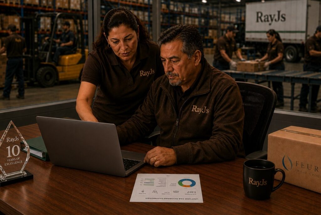 Diverse industrial and logistics employees wearing branded workwear inside a modern warehouse environment with apparel program dashboards, fulfillment operations, and customized uniforms.