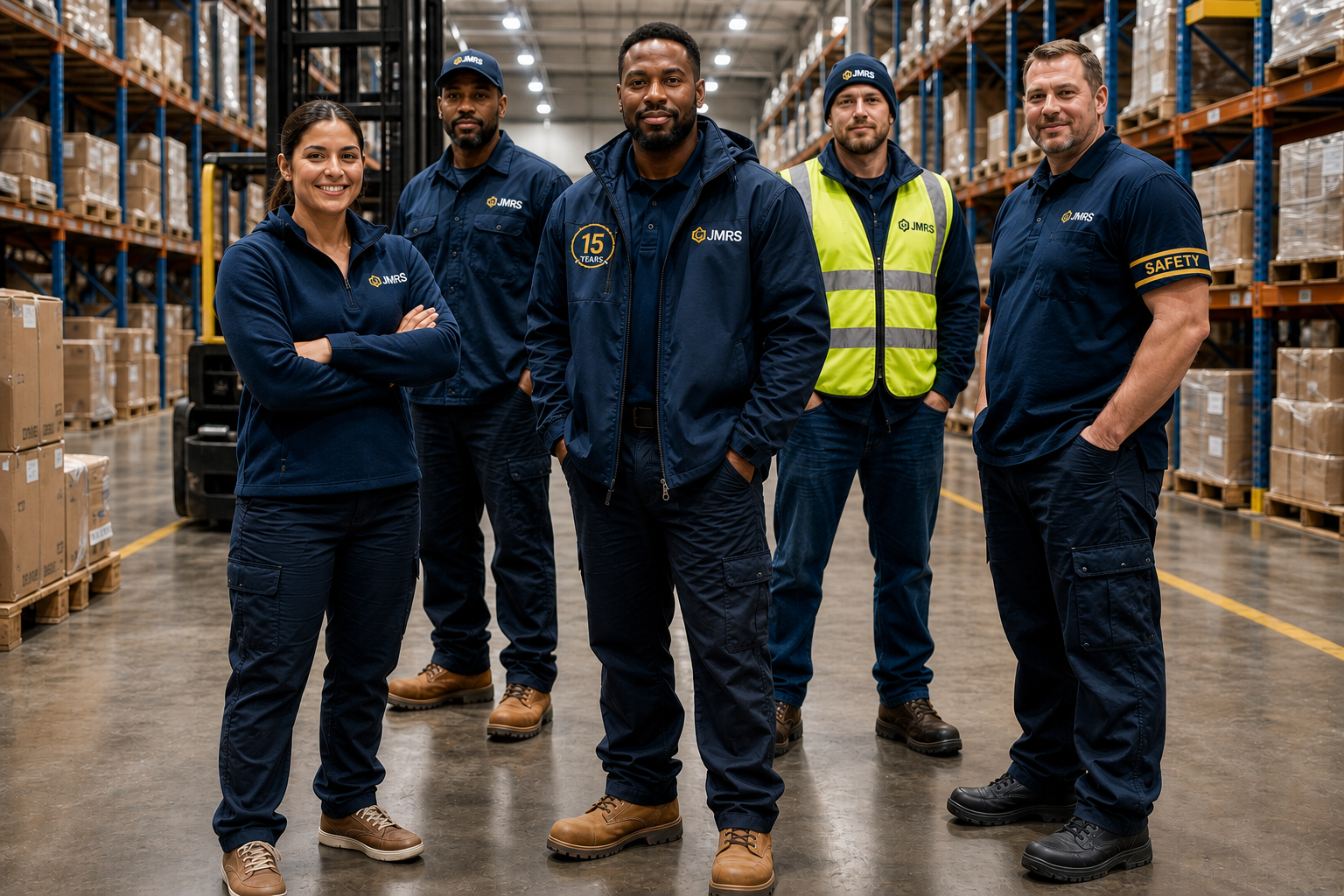 Diverse warehouse employees wearing coordinated branded JMRS workwear, safety footwear, and personalized apparel in a modern industrial workplace.