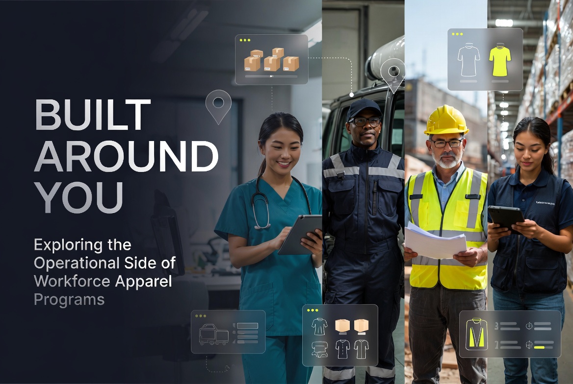 Built Around You workforce apparel program management series featuring healthcare, transportation, construction, and warehouse employees connected through workforce technology systems.