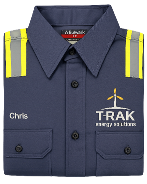 Personalized flame resistant work shirt with embroidered employee name, reflective shoulder striping, and company logo for workforce identification