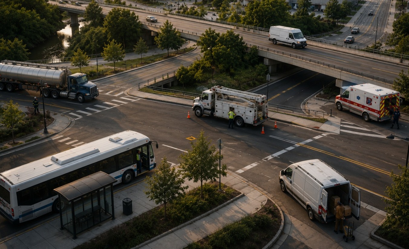 Transportation and mobile workforce operations including transit, delivery, utility, emergency response, and fuel transport professionals working across a connected transportation network
