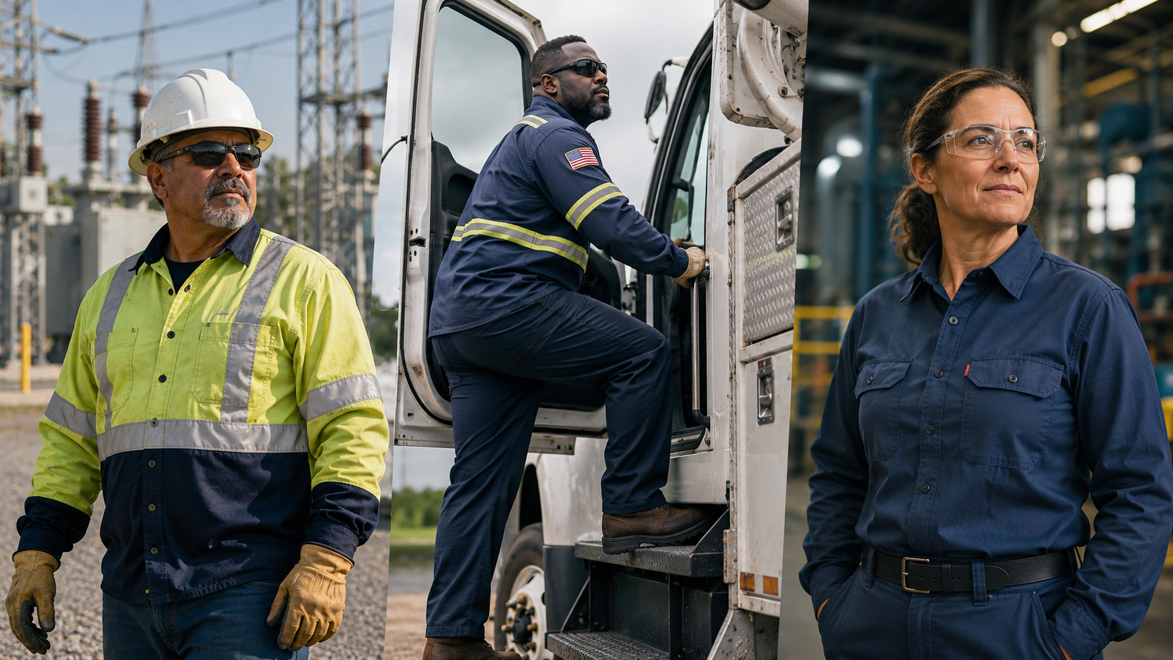 Diverse utility and industrial workers wearing flame resistant and arc rated apparel in real-world operational environments