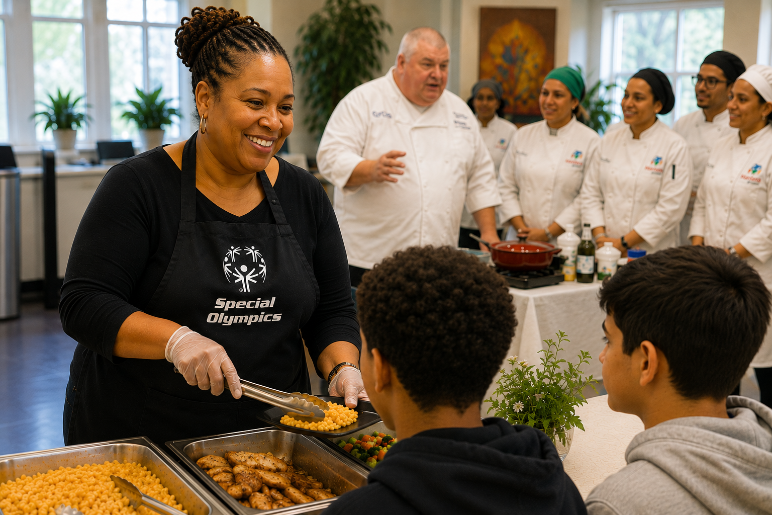Middle-aged volunteer wearing a Special Olympics apron serves food while chefs conduct a culinary education program in the background, illustrating how custom apparel supports community outreach, volunteerism, and educational initiatives.