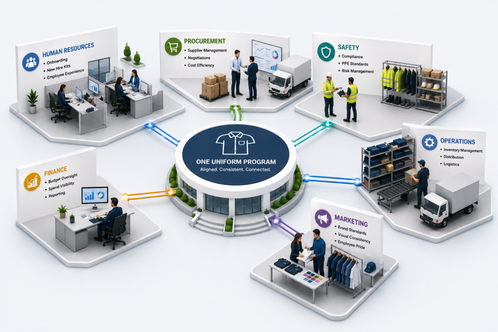 Illustration showing Human Resources, Procurement, Safety, Operations, Marketing, and Finance connected to a centralized workforce apparel program.