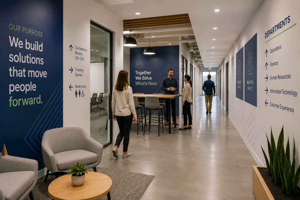 Contemporary corporate lobby featuring environmental branding, consistent wayfinding signage, and visitors confidently navigating the space.