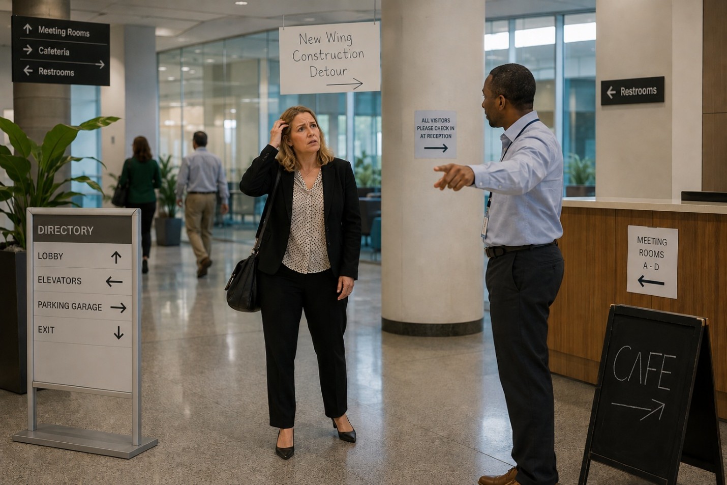 Visitor receives directions from an employee inside a corporate office with inconsistent wayfinding and temporary signage.