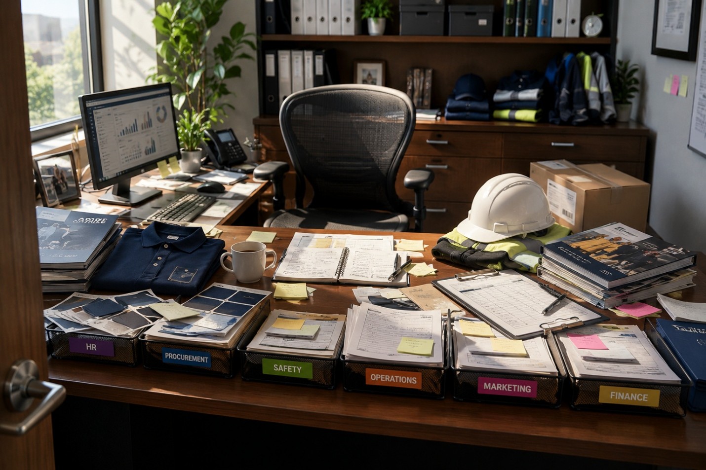 Who Actually Owns Your Uniform Program? An office workspace with employee apparel, departmental folders, and an empty chair illustrating shared responsibility for managing a workforce apparel program.
