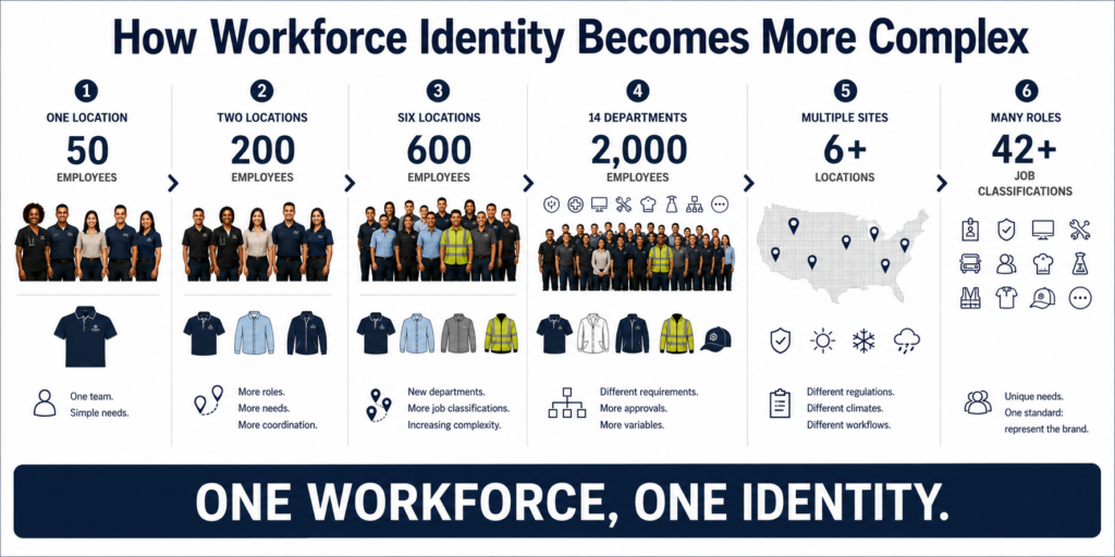 Infographic illustrating how workforce identity becomes more complex as organizations grow from one location and 50 employees to multiple locations, departments, and job classifications requiring role-based uniform programs.