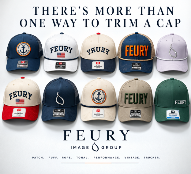 Grid of ten premium company caps displaying different decoration techniques and styles, including embroidered patches, raised 3D puff embroidery, rope caps, tonal embroidery, trucker mesh backs, vintage styling, and performance caps. The display illustrates the many ways organizations can customize branded headwear for workforce uniforms, promotional products, employee merchandise, and company stores.