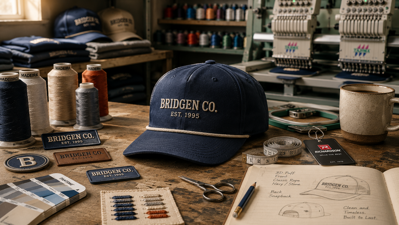 quality-company-caps-workforce-branding-hero Premium navy rope cap embroidered with “Bridgen Co. Est. 1995” on a worn embroidery studio workbench, surrounded by thread cones, patches, stitch samples, scissors, measuring tape, a notebook, and embroidery machines.