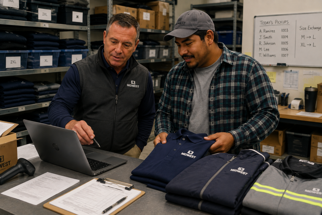Manager and employee reviewing branded workwear as part of a managed direct-purchase apparel program