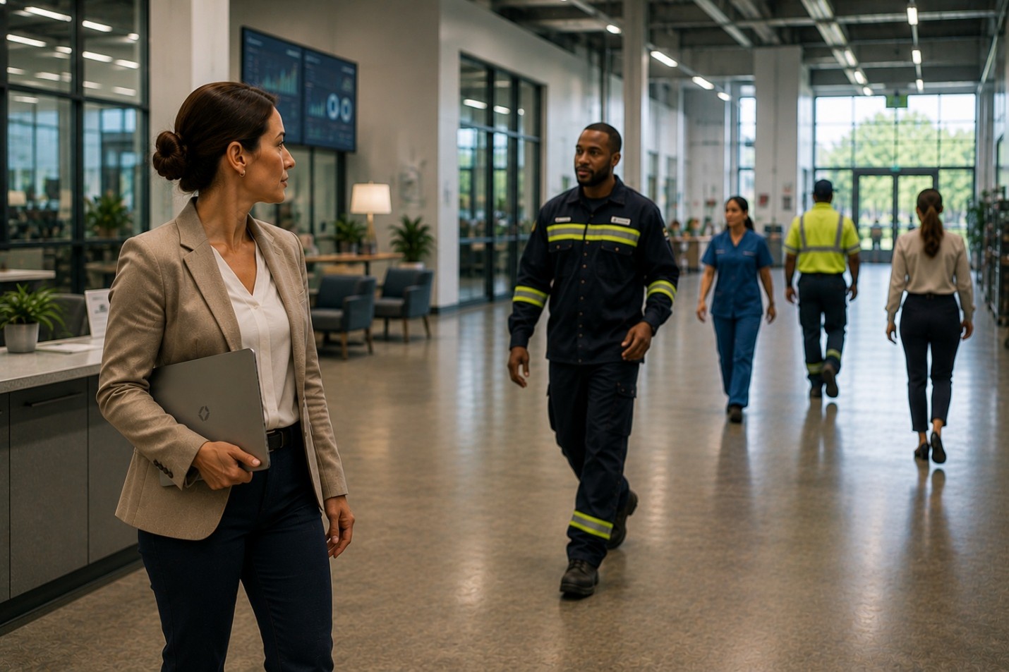 Employees in different work roles illustrating uniform rental and direct purchase apparel program needs