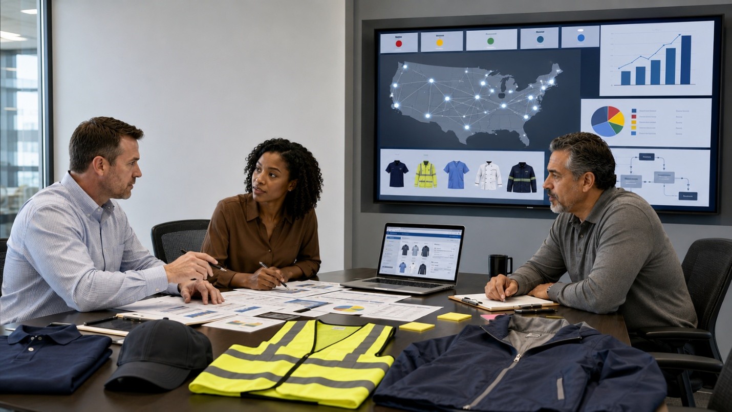 Team reviewing a managed uniform program for multiple locations