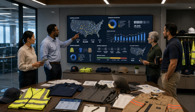 Team reviewing workforce apparel program data across multiple locations